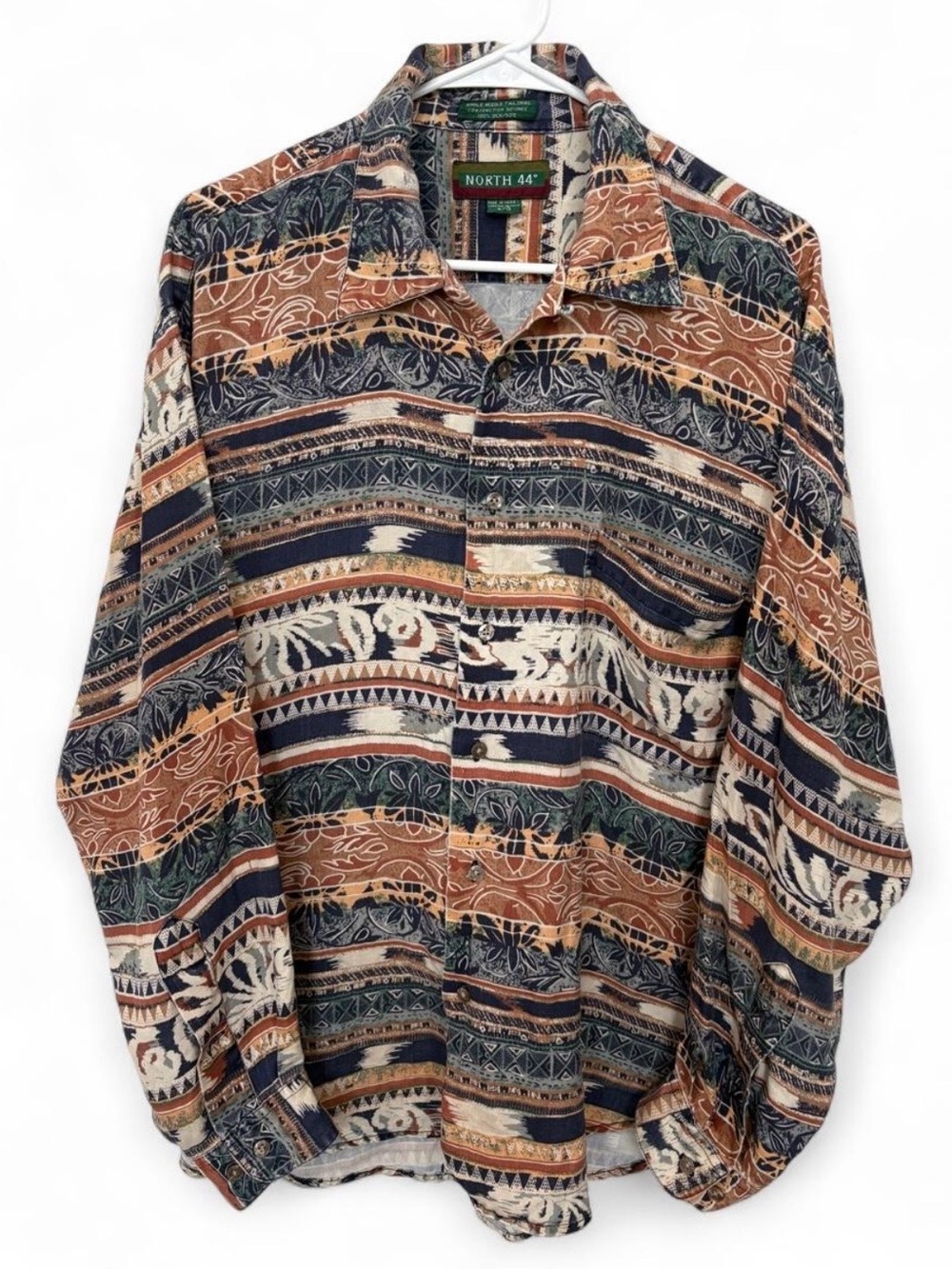 Men Vintage 90s North 44 Silk Geometric Tribal Long Sleeve Button Up Shirt Large